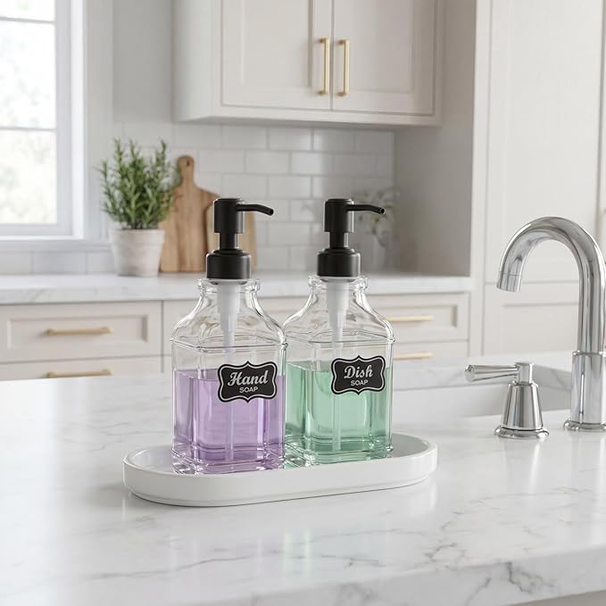 JASAI 2Pack Glass Soap Dispenser with Black Rust Proof Pump, Refillable Dish Soap Dispenser with for Kitchen and Bathroom.