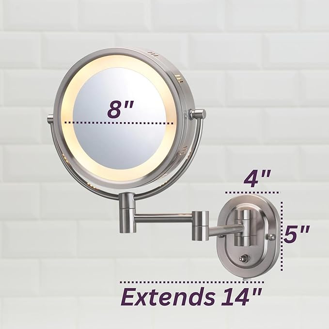 JERDON Wall-Mounted Makeup Mirror with 5X Magnification - Nickel Makeup Mirror with LED Lights - Plug in - HL65N