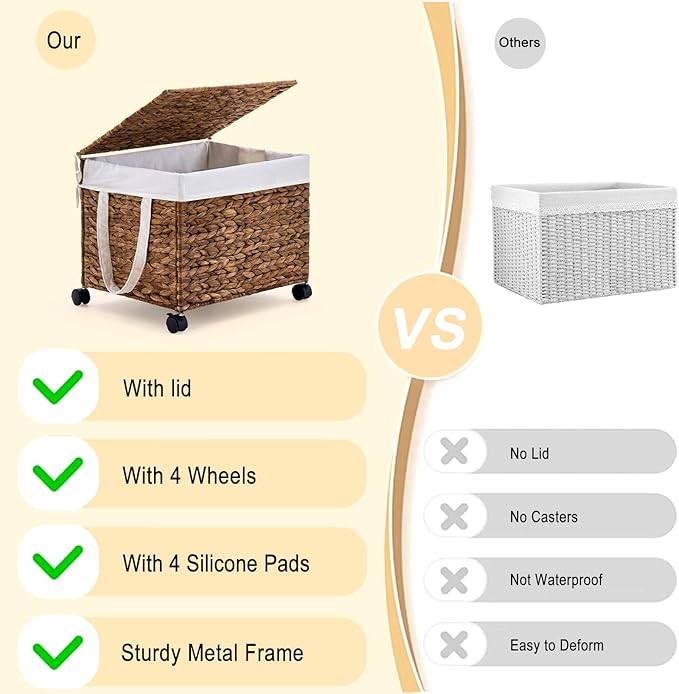 Rolling Hand-woven Laundry Hamper with Lid, Laundry Basket with Wheels for Laundry Room (Espresso, 60L)