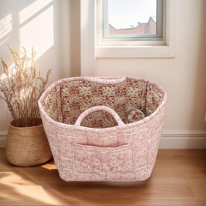 Quilted Fabric Storage Basket Boho Floral Laundry Baskets with Handles Collapsible Quilted Soft Basket for Car, Clothes, Toys Storage