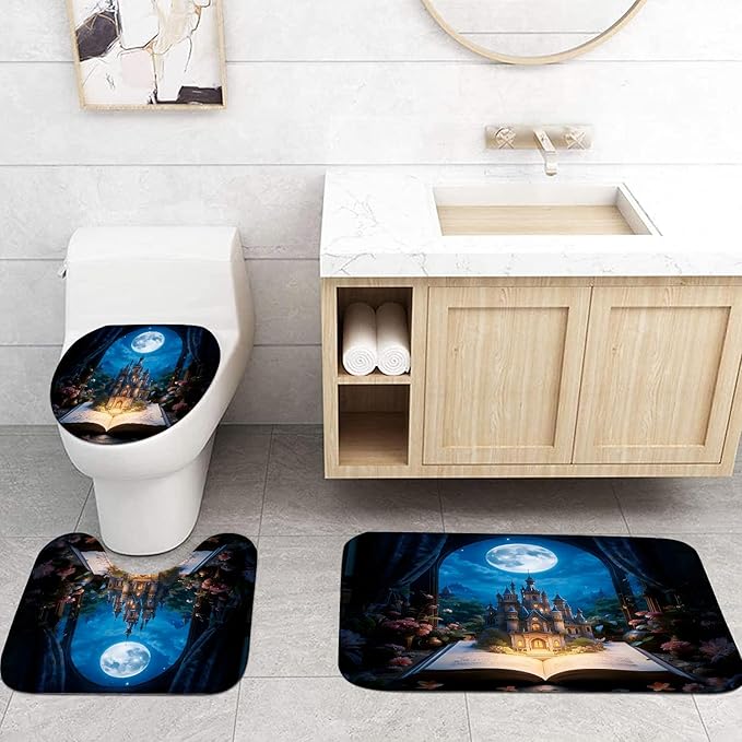 Yizheer Luxury 4Pcs Book Flower Castle Shower Curtain Set, Moon Pattern Castle Waterproof Bathroom Decor Kit (Shower Curtain + Bath Rugs + Toilet Lid Cover + Hooks), Elegant Curtain for Bathroom