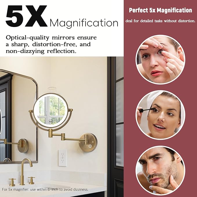 8" Hardwired Lighted Makeup Mirror Wall Mounted, 1X/5X Double Sided 3-Colors LED Lighting Touch Dimming Extended Arm 360 Rotation no Bending Magnifying Mirror for Bathroom, Antique Brass