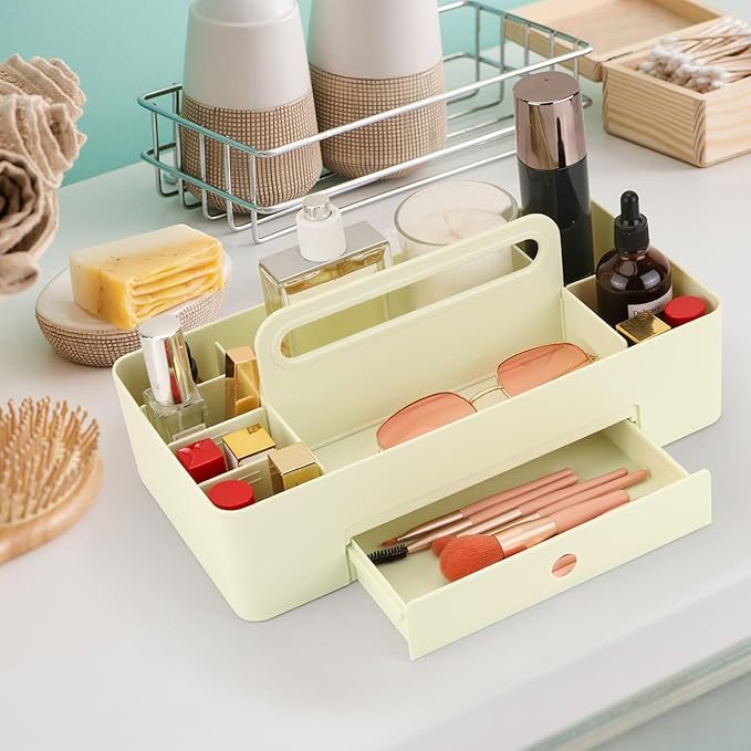 Multipurpose Caddy Organizer with Handle -8 Compartments and 1 small drawer - Art Craft Supplies, Office, Desk, Stationery Pen Holder, Makeup, Bathroom, Shower, Cleaning, Dorm Organizer - Green