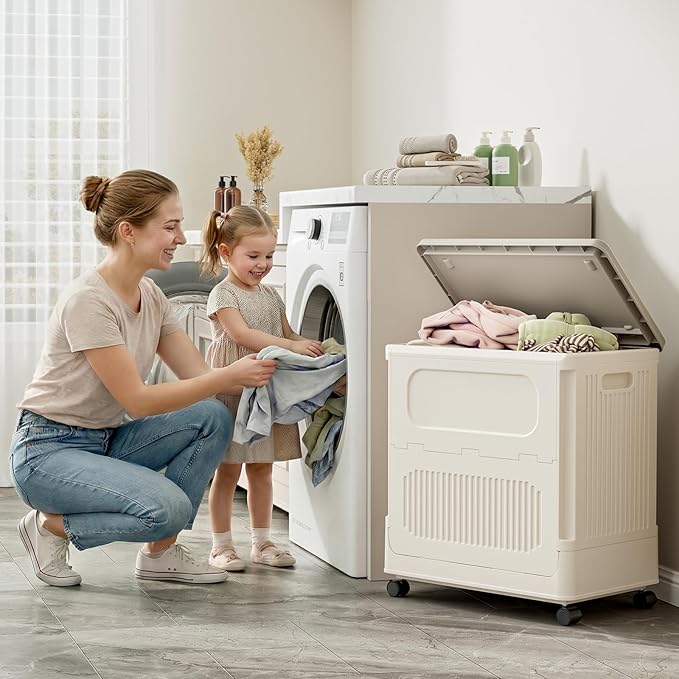 HAIXIN HOME Slim Rolling Laundry Hamper with Lid, 60L Foldable Plastic Laundry Basket on Wheels with Handle, Dirty Clothes Hamper Cart for Narrow Spaces, Bedroom, Bathroom, Closet, Dorm, Under Table