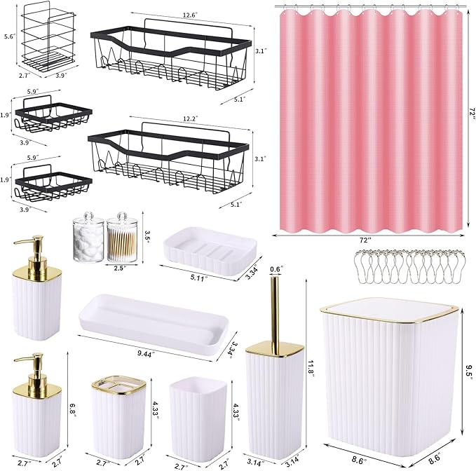 XLHOMO Bathroom Accessories Set - Gorgeous Bathroom Set, 28PC White Bathroom Accessory Set, Shower Curtain with 5PC Adhesive Corner Shower Caddy Hanging, Toilet Brush, Trash Can & Soap Dispenser