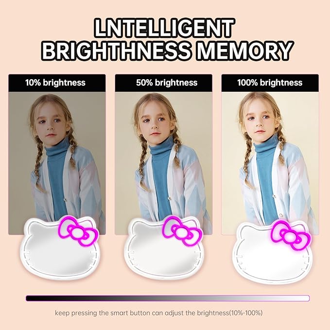 MCJSGSP Anime Hello Kit Cat Neon Sign Mirror L16.1 W14 Vanity Mirror with Lights Bedroom Wall Mirror for Pink Room Decor and a Makeup Mirror with Lights Teen Girl Gifts