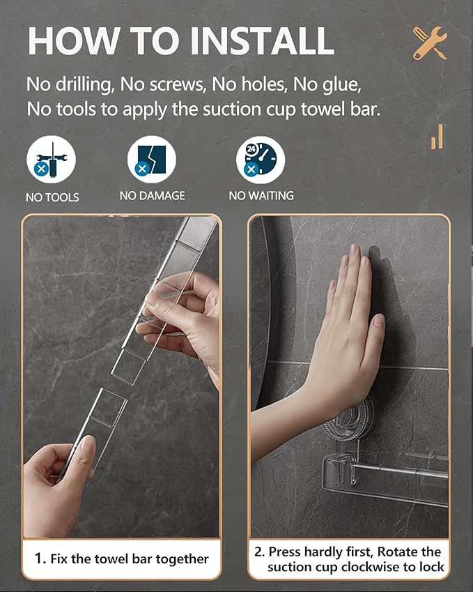 Clear Suction Cup Towel Bar - 21.5 Inch Removable No Drill Suction Towel Bar with Strong Suction & Reusable Adhesive Suction Towel Rack for Shower Bathroom Kitchen