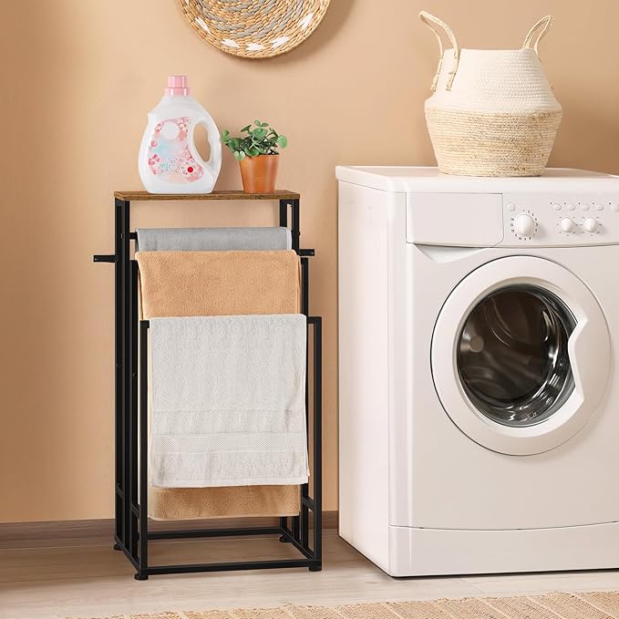 Freestanding Towel Racks for Bathroom 3 Tier Towel Drying Rack Small Standing Towel Rack with Shelf Hand Towel Holder Stand for Bathroom Floor Dorm Laundry Room (Rustic Brown)