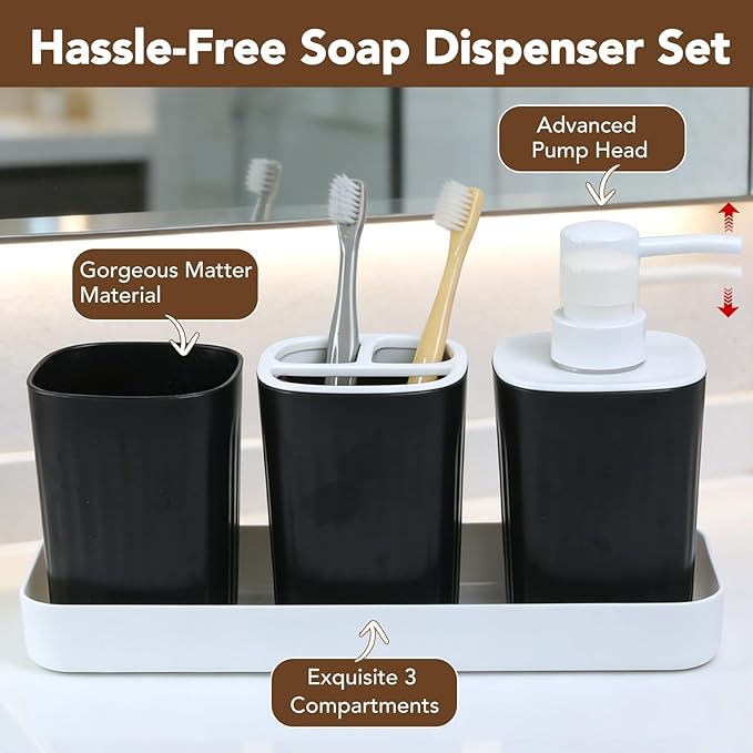 Bathroom Accessories Set 5pcs- Bathroom Set, Plastic Bathroom Accessory Sets with Lotion Soap Dispenser, Soap Dish, Toothbrush Holder, Toothbrush Cup, Vanity Tray, Boho, Modern Bath Decor, Matte Black