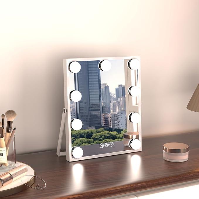 CASSILANDO Hollywood Vanity Mirror with Lights, Vanity Makeup Mirror with 9 LED Bulbs, 3 Color Lighting Modes, U-Shaped Bracket, Smart Touch Control