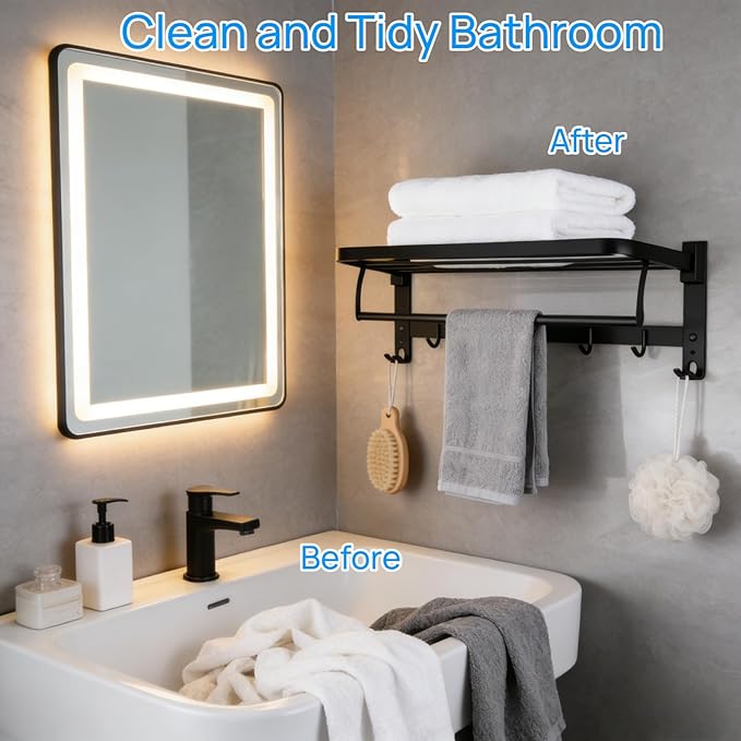 24" Double Towel Rack with 7 Hooks, SUS304 Stainless Steel Towel Bar Towel Rack with Shelf, 90° Foldable Towel Holder, for Bathroom Wall Mounted. (Matte Black)