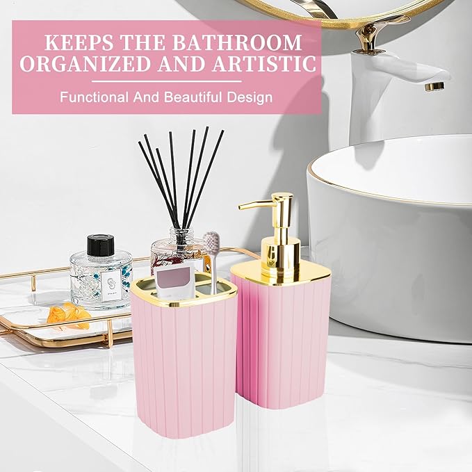2PCS Bathroom Accessories Set, Pink Bathroom Accessories Include Soap Dispenser and Toothbrush Holder for Boho Bathroom Decor