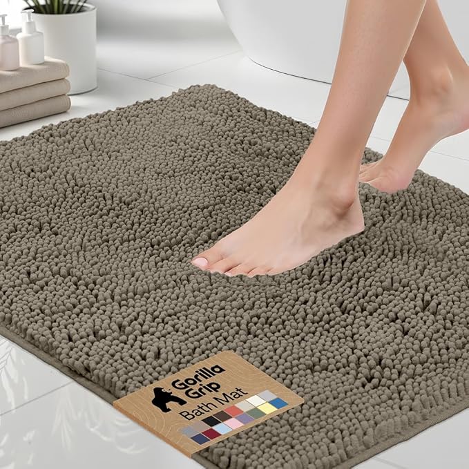 GORILLA GRIP Bath Rug Mat, Thick Soft Absorbent Chenille, Quick Dry Microfiber Mats, Rubber Backing Washable Shower Floor Rugs, US Designed Bathroom Bathmat Home Decor Accessories, 24x17, Latte