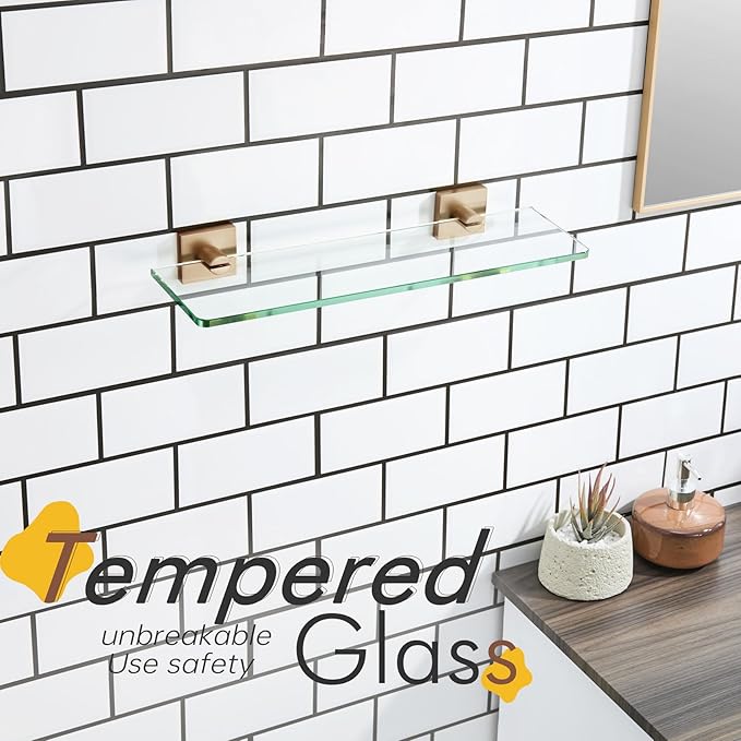 KOKOSIRI Glass Shelf for Bathroom Hardware 16-Inch Floating Wall Shelves for Shower Storage Kitchen Rack, Champagne Bronze Stainless Steel B1107CPG-L16