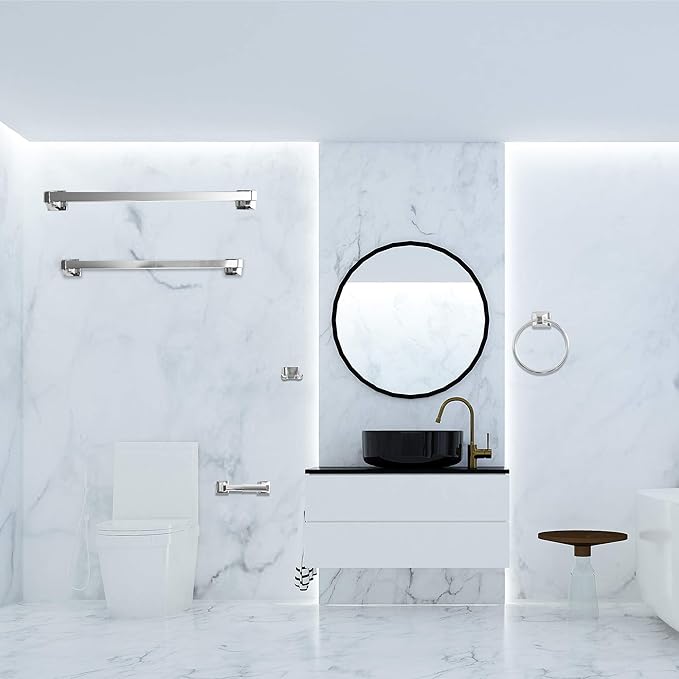 SENTO Cellar Classic Bathroom Accessories Set, Heavy Duty Metal Bath Hardware Set Wall Mounted, Includes Robe Hook, Toilet Paper Holder, Towel Ring, 18” & 24” Towel Bar (5-Piece, Polished Chrome)