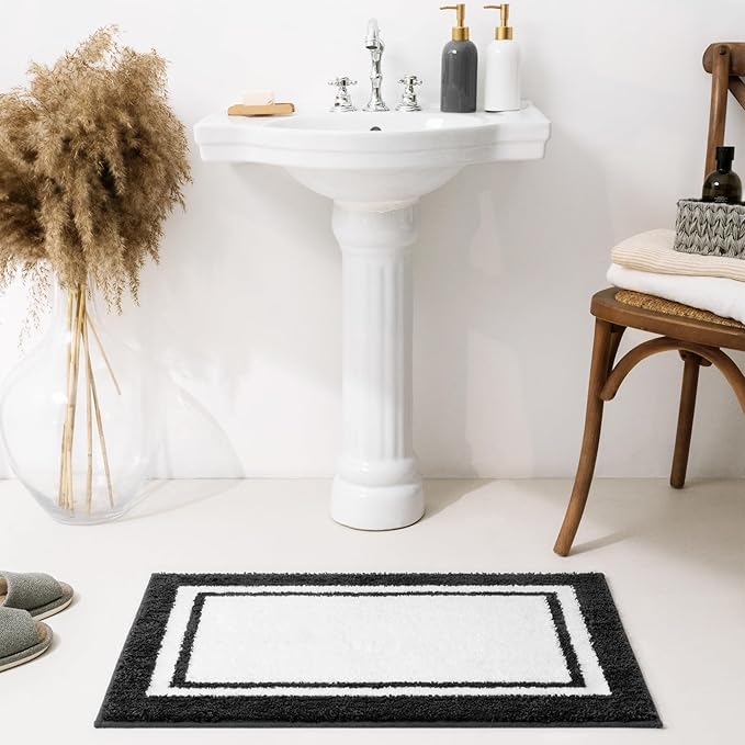 GRANNY SAYS Microfiber Bathroom Rugs Non Slip Washable, Water Absorbent Bathrooms Mats for Tub Non Slip, Soft Bath Mats for Floor & Shower, Long Bathroom Rug, 20" x 32", Black Bath Rug