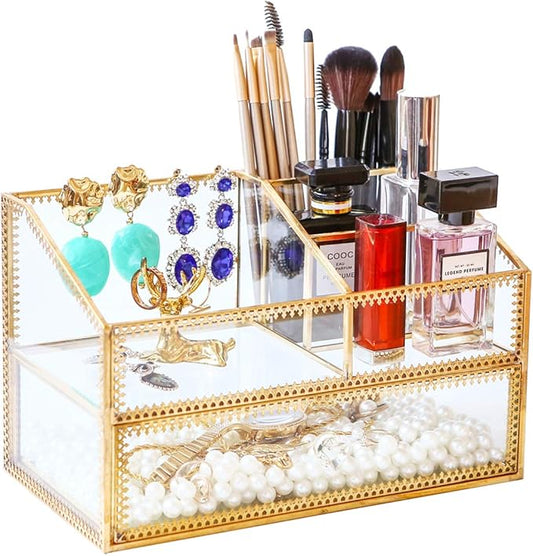 Golden Glass Box Vanity Tray Glass Case Makeup Display Organizer on Dresser, Multifunctional Cosmetic Storage for Palette Lipstick Makeup Brushes Skincare Perfumes Bathroom Accessories