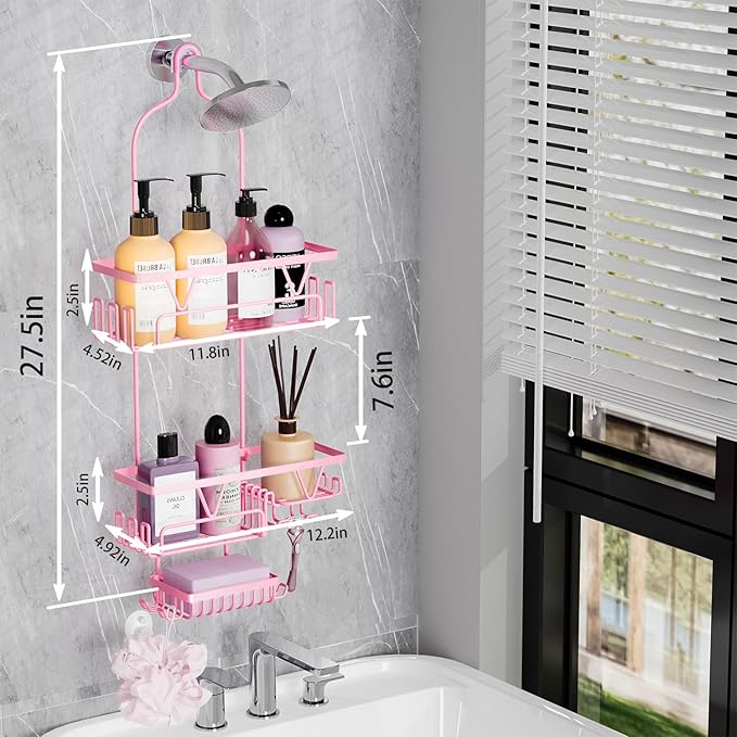 DAOYA Hanging Shower Caddy Over Shower Head, Anti-Swing Shower Organizer For Inside Shower With 2 Soap Holders, Multi Hooks, Rustproof Bathroom Accessories, Pink