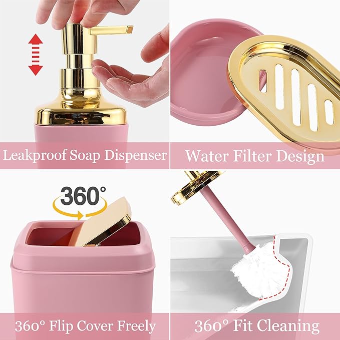 XLHOMO Bathroom Set - Pink and Gold Bathroom Accessories Set, Bathroom Sets with Shower Curtain and Rugs, Pink Shower Curtain Set with Bathroom Trash Can, Soap Dispenser, Soap Dish for Home Decor