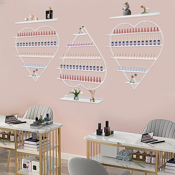 Nail Polish Display Racks 6pcs Metal Solid Color 5 Tiers Nail Polish Shelf Elegant Wall-Mounted Heart-Shaped Perfume Wall Shelf for Lipstick Perfume Nail Polish Essential (White)