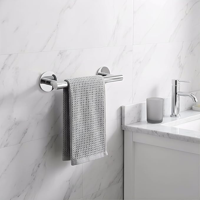 9 Inch Polished Chrome 304 Stainless Steel Towel Hanger for Bathroom - Adhesive & Wall Mount Towel Holder, New Apartment Essentials, Space-Saving Bathroom Furniture for Small Spaces