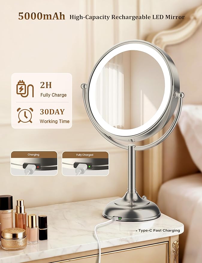 VESAUR 2026 Upgraded 20X lighted makeup mirror with magnification, 9" 1X10X Magnifying Mirror with 3 Color Modes & Adjustable Brightness, 5000mAh Rechargeable Vanity Mirror, 360° Swivel, Nickel, Gifts