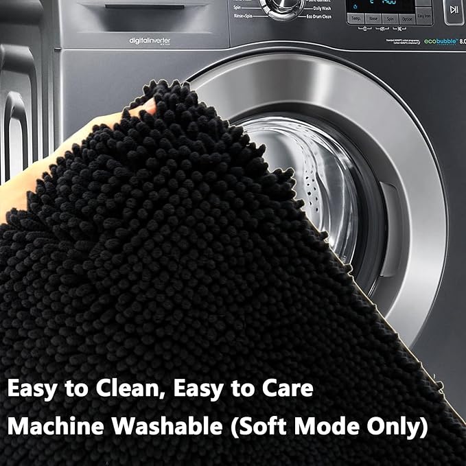 BOANKODU Bathroom RugsSets 2 Piece，59X24+16X24Inch，Absorbent Non-Slip Very Soft Chenille Mat,Machine Washable （Black）