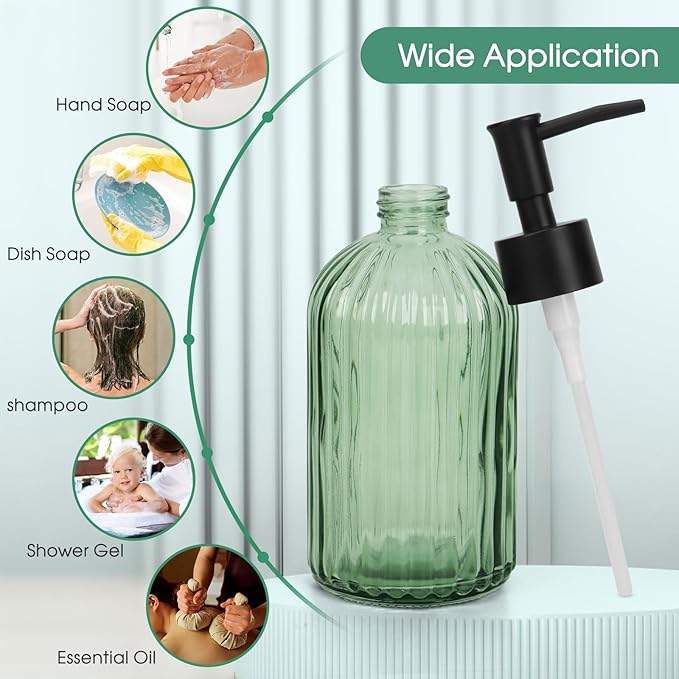 Topsky Glass Soap Dispenser with Black Plastic Pump, 400ml Liquid Hand Soap Dispenser, Rustproof Pump for Kitchen & Bathroom, Great for Lotions, Essential Oil, Liquid Soaps (Army Green)