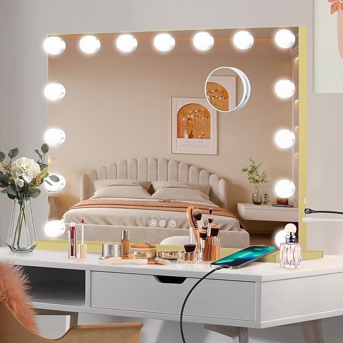 Moonee Gold Vanity Mirror with Lights, Hollywood Lighted Makeup Mirror with 15 Dimmable Bulbs and 10X Magnification, 3 Colors Modes, Aluminum Metal Frame, Light Up Mirror for Tabletop/Wall（23" x 18"）