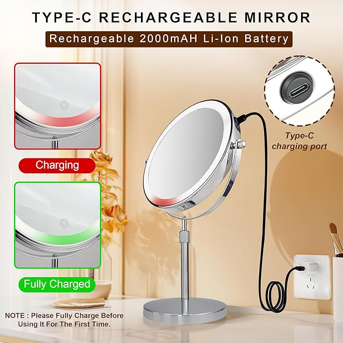 JANEEVA 10X Lighted Makeup Mirror with 3 Lighting Modes, 8" Dimmable Lights Height Adjustable Vanity Mirror with Lights, Rechargeable Double Sided 1X 10X Magnifying Mirror, 360°Rotation,Chrome