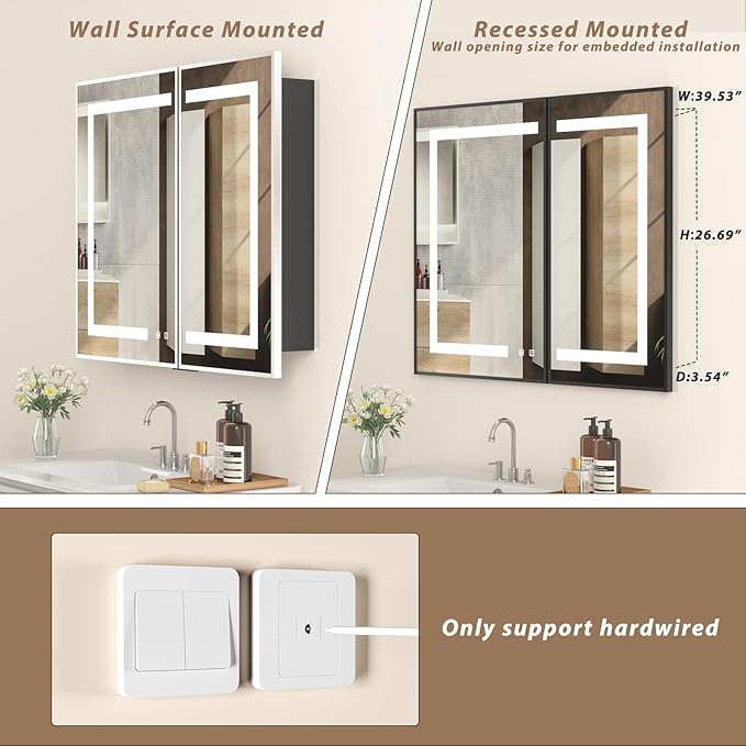 LOVMOR Led Medicine Cabinet with Mirror, Bathroom Vanity Mirror Cabinet with Shelves, 3-Color Lights Dimmer, Black 32" H x 40" W