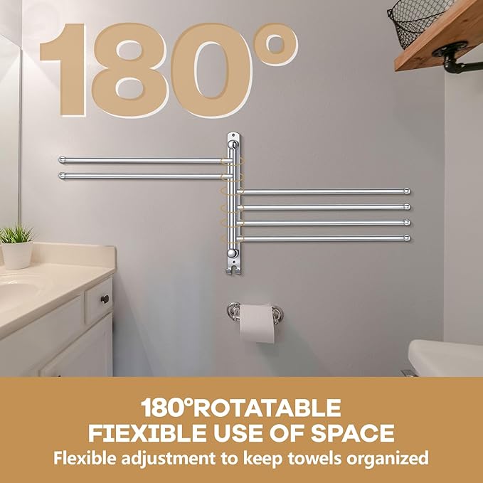 Teenyyou 20.4 Inches Swivel Towel Rack 304 Stainless Steel 6 Arms Bathroom Towel Rack Hanger Pool Holder Wall Mounted Swivel Bar Space Saving with Hook(Sliver)
