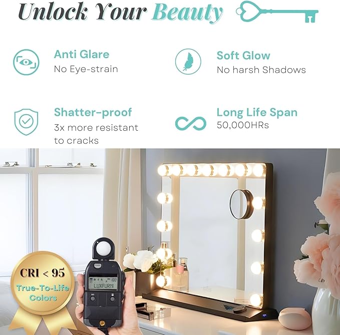 LUXFURNI Vanity Mirror with Lights, Makeup Mirrors Hollywood Mirror with 15 LED Bulbs, 3 Colors Modes & Adjustable Brightness, 10x Magnification, USB Charging (23"x 18")
