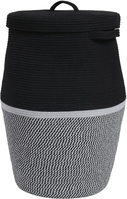 Handcrafted Tall Cotton Rope Basket with Lid, Stylish Flagon Shape with Cover, Clothes Hamper with Top, for Bedroom and Living Room (Two Sides Black/Black Mix, 26"x20")