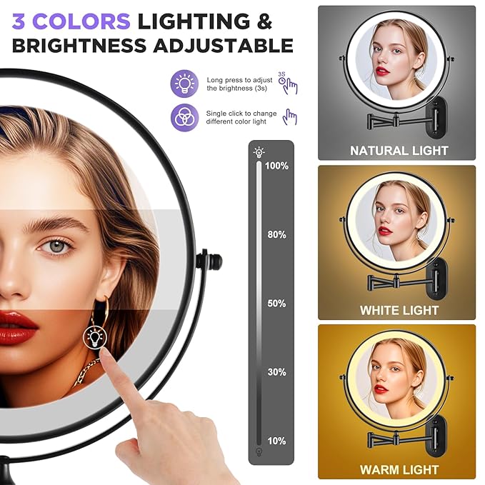 Wall Mounted Makeup Mirror: 1x/20X Magnifying Mirror with Light, 8.5" Double Sided Lighted Makeup Mirror with Magnification, Vanity Mirror for Bathroom, Brush Black