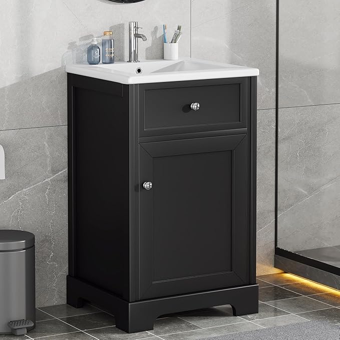 20 in Small Bathroom Vanity with Sink,Soft Closing Door and Adjustable Shelf, Solid Wood Frame & MDF Modern Single Bathroom Sink Cabinet,Freestanding (Black)