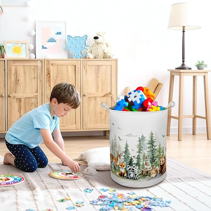 Animal Forest Nursery Laundry Basket Hamper,Forest Nursery Decor, Animals Foldable Clothes Toys Books Storage Box Bins Baskets Organizer for Girls Boys Bedroom Bathroom,