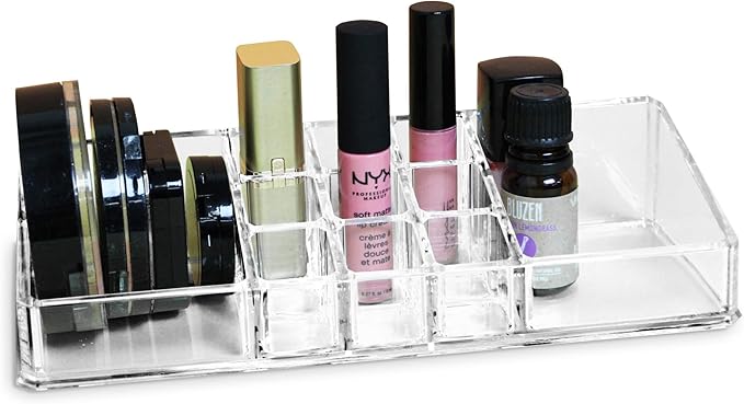 Ikee Design Cosmetic Tray with 2 Large Compartments and 9 Lipstick Holders for Makeup Products and More for Salon, Shop, Office, Bathroom and Home Use, 8 7/8 W X 3 1/2 H X 2 D in