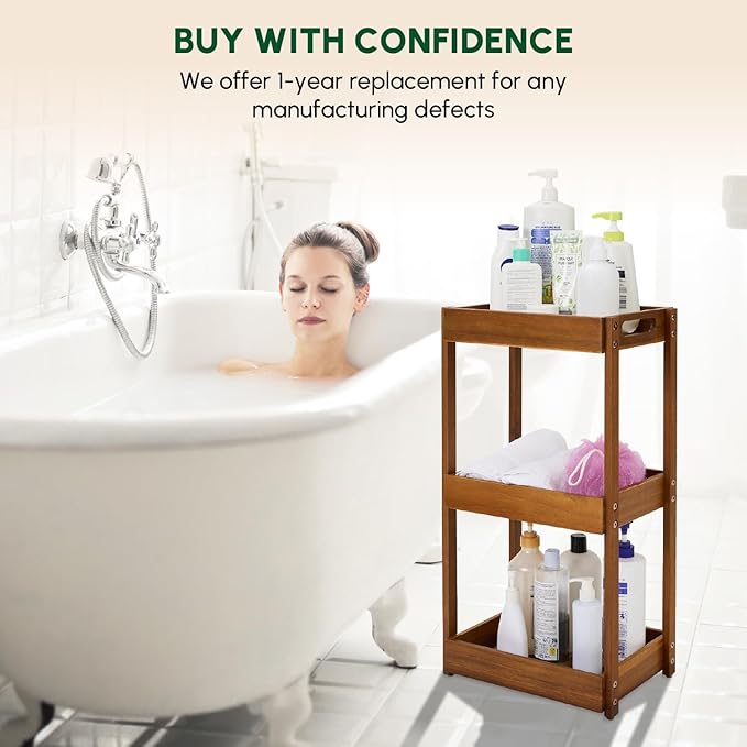 BEEFURNI Acacia Wood Shower Caddy, 3 Tier Shower Organizer, Sturdy Corner Shower Caddy, Wooden Bathroom Shelves Freestanding, Bathroom Standing Shelf (3T)
