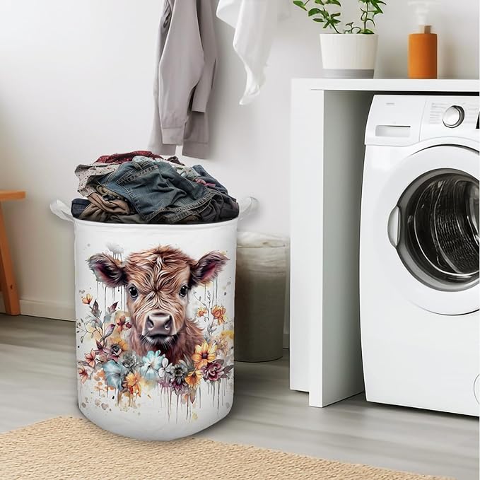 Cow Laundry Basket, Farmhouse Floral Cow Waterproof Collapsible Laundry Hamper Dirty Clothes Storage Toy Bin Organizer for Bathroom Bedroom Nursery Girls Kids Room