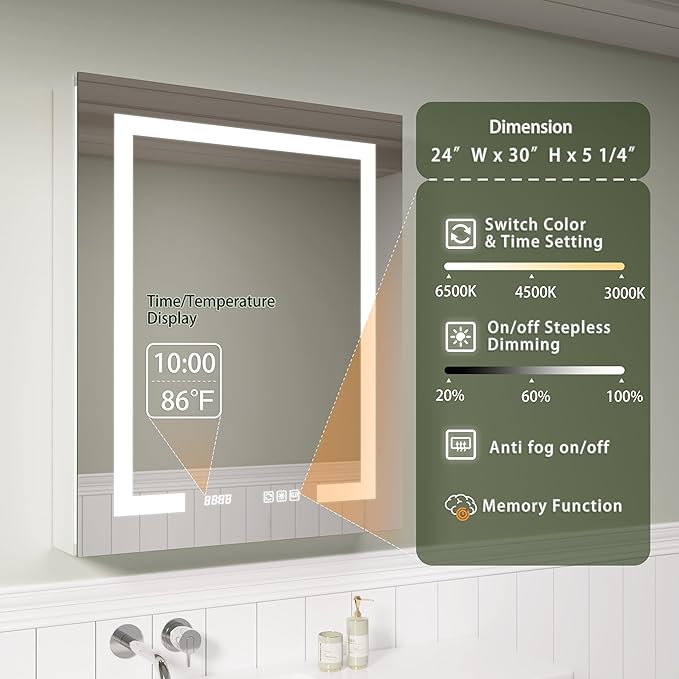 LED Medicine Cabinet Mirror, 24x30 Inch Bathroom Storage, Recessed/Wall Mount, Plug-in/Hardwired, 3 Color Dimmable Light, Anti-Fog, Time Temp Display, Left Hinge