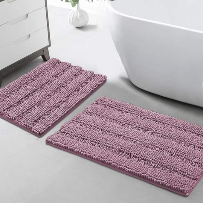 Turquoize Chenille Bathroom Rugs Set - Non-Slip Bath Mats for Bathroom & Kitchen/Entryway (20" x 32" & 17" x 24"), Mauve/Rose