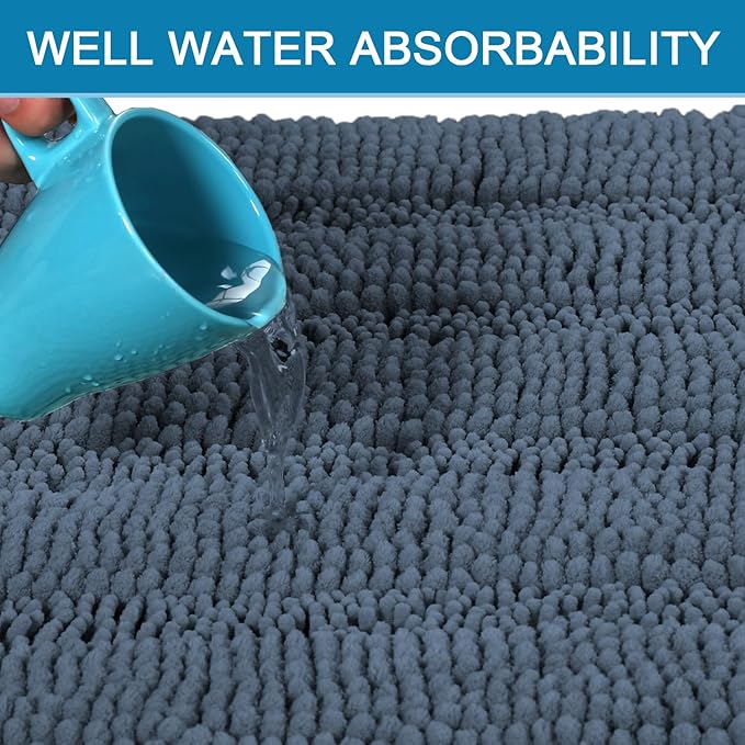H.VERSAILTEX Bathroom Rug Sets 2 Piece Bath Mats Non Slip Thick Soft Chenille Striped Bath Rug achine Washable Shower Floor Rugs for Tub, Shower and Floor (Blue Indigo, 20" x 32"/17" x 24")