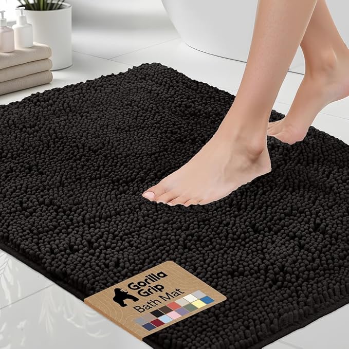 GORILLA GRIP Bath Rug Mat 48x24, Thick Soft Absorbent Chenille, Quick Dry Microfiber Mats, Rubber Backing Washable Shower Floor Rugs, Bathmat Runner, US Designed Bathroom Home Decor Accessories Black
