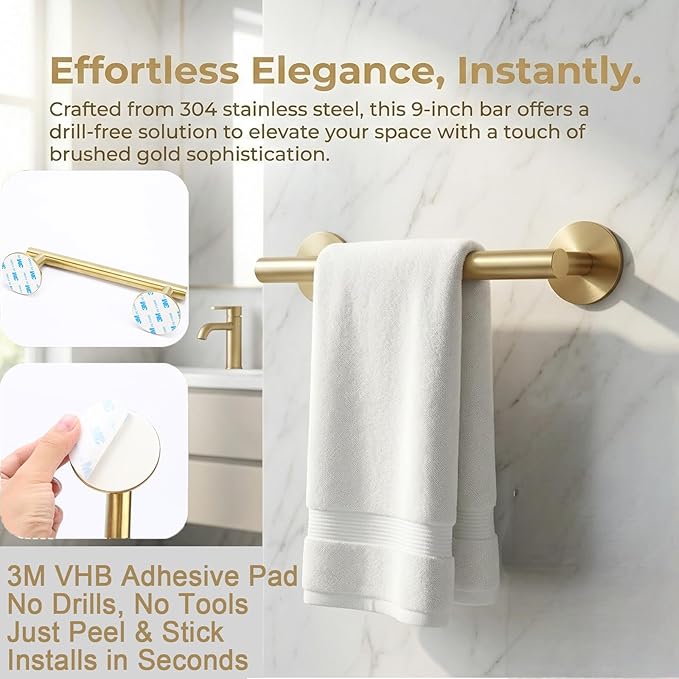 9 Inch #304 SUS Over The Door Towel Racks Wall Mounted,Self Adhesive Brushed Gold Bathroom Accessories, Small Bathroom Organizer & Dish Towel Holder&Shower Shoe Shelves