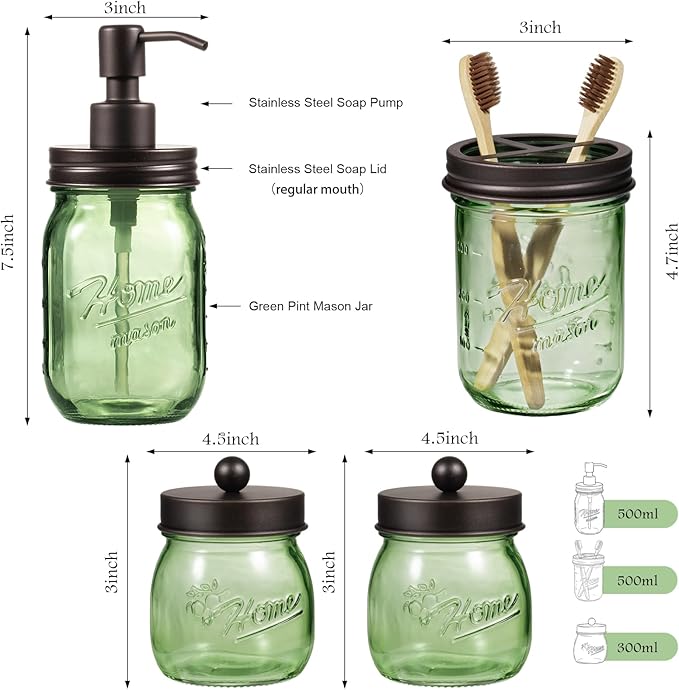 Amolliar Mason Jar Bathroom Accessories Set, 4 Pcs Green Glass Bathroom Set-Lotion Soap Dispenser, 2 Qtip Holders, Toothbrush Holder, Rustic Farmhouse Decor, Bathroom Home Decor For Countertop(Bronze)