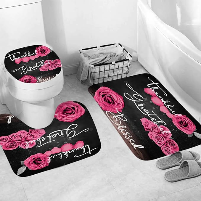 Onalasyc 4Pcs Pink Rose Shower Curtain Set with Rugs Waterproof Bathroom Sets with Shower Curtain and Rugs Romantic Rose Floral, Thankful Grateful Blessed Bathroom Curtains Shower Set,with 12 Hooks