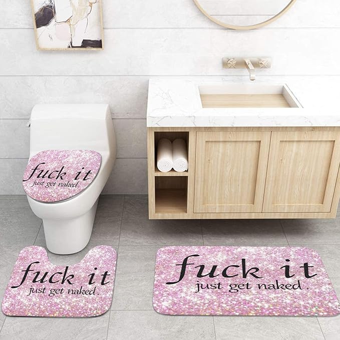ArtSocket 4PC Pink Funny Get Naked Shower Curtain Sets Diamond Gold Bathroom Decor with Rugs, Non-Slip Rug,Toilet Lid Cover, Bath Mat and 12 Hooks 72x72 inches