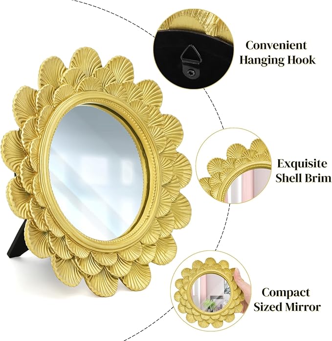 Eorbow 6.5" Vintage Vanity Makeup Desk Mirror, Small Gold Round Mirror for Table, Antique Scallop Edged Wall Mirror Decorative for Living Room Bedroom Dressing Tabletop