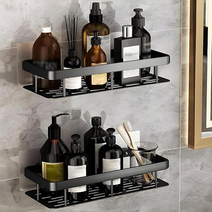 Fadflurry® Self-Adhesive Multipurpose Wall Mounted Bathroom Shelf and Rack for Bathroom and Kitchen, Space Saving Bathroom Organizer Shelf, Punch Free Wall Shelves, Wall Stand (Black Pack of 1)